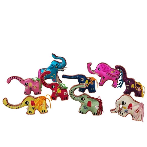 Vintage Chinese Silk Satin Embroidered Lucky Elephant Stuffed Figurines Set of 9